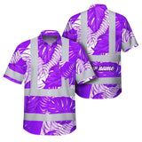 Hi Vis Hawaiian Shirt Reflective Tapes Violet Neon Flowers Custom Name Safety Workwear For Workers, Truckers, Operators