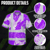 Hi Vis Hawaiian Shirt Reflective Tapes Violet Neon Flowers Custom Name Safety Workwear For Workers, Truckers, Operators