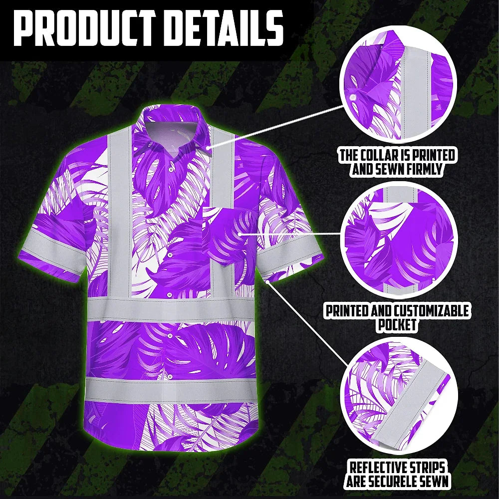 Hi Vis Hawaiian Shirt Reflective Tapes Violet Neon Flowers Custom Name Safety Workwear For Workers, Truckers, Operators
