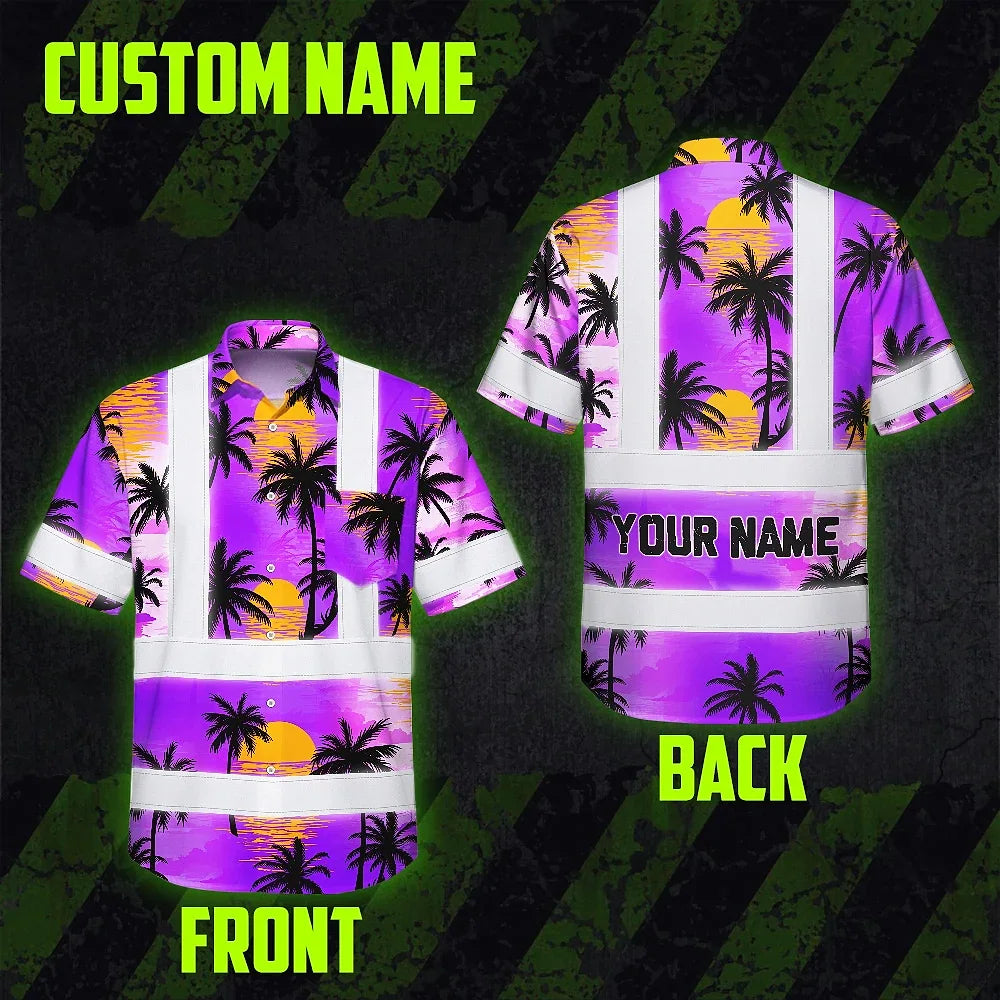 Hi Vis Hawaiian Shirt Reflective Tapes Violet Neon Flowers Custom Name Safety Workwear For Truckers, Operators
