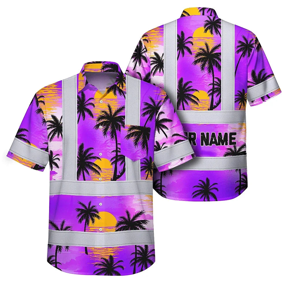 Hi Vis Hawaiian Shirt Reflective Tapes Violet Neon Flowers Custom Name Safety Workwear For Truckers, Operators