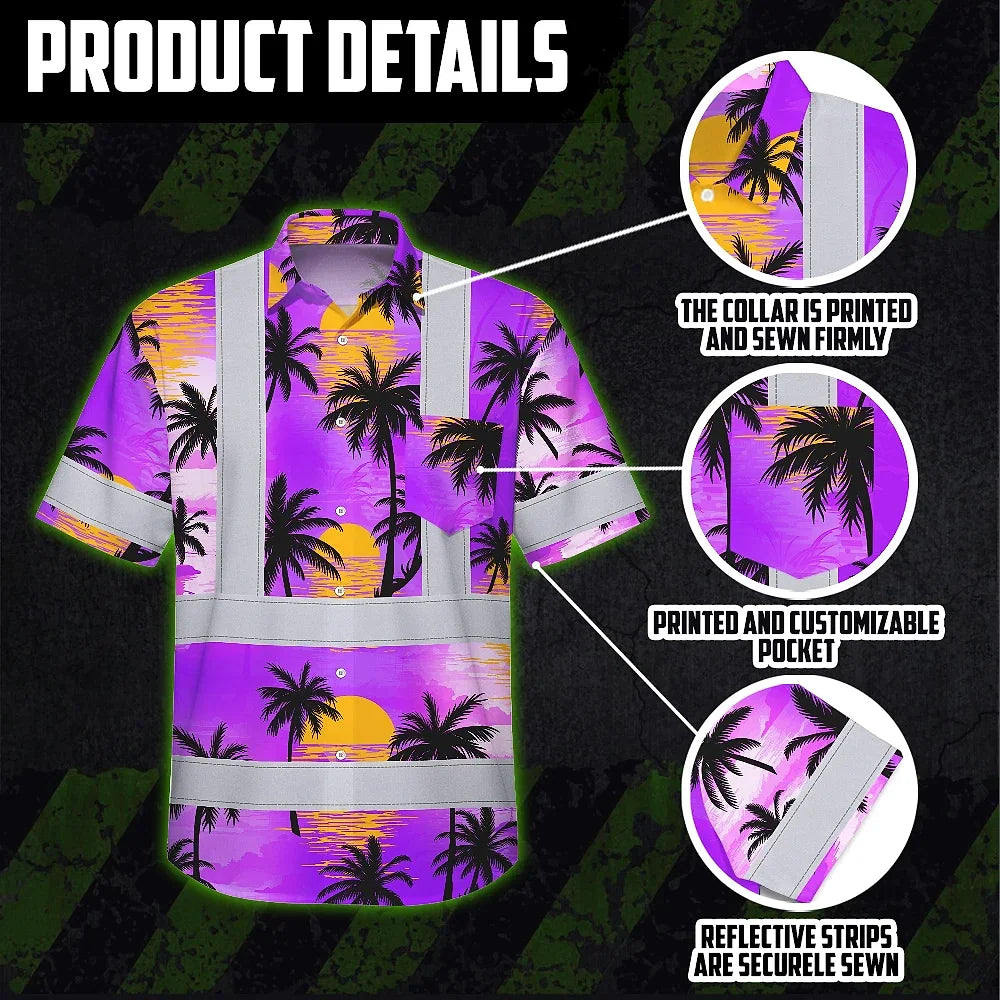 Hi Vis Hawaiian Shirt Reflective Tapes Violet Neon Flowers Custom Name Safety Workwear For Truckers, Operators