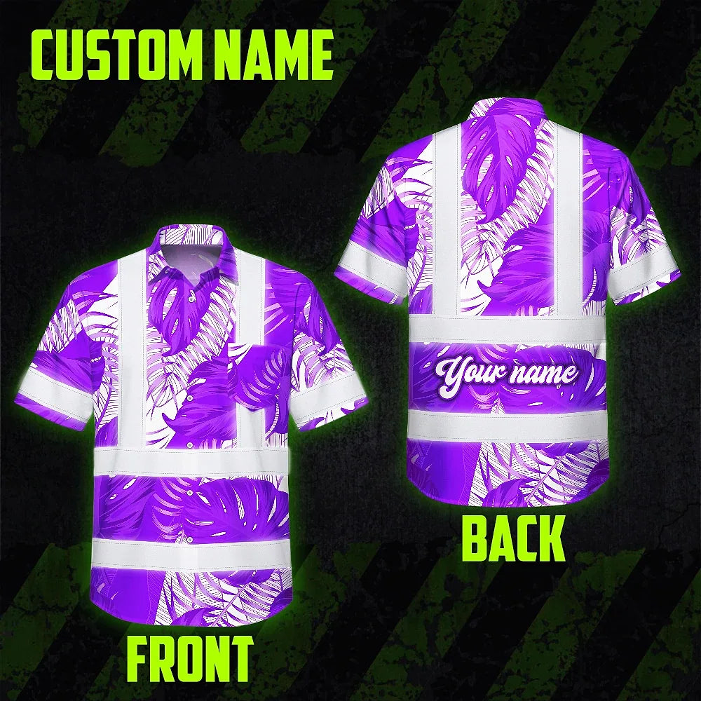 Hi Vis Hawaiian Shirt Reflective Tapes Violet Neon Flowers Custom Name Safety Workwear For Workers, Truckers, Operators
