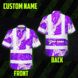 Hi Vis Hawaiian Shirt Reflective Tapes Violet Neon Flowers Custom Name Safety Workwear For Workers, Truckers, Operators