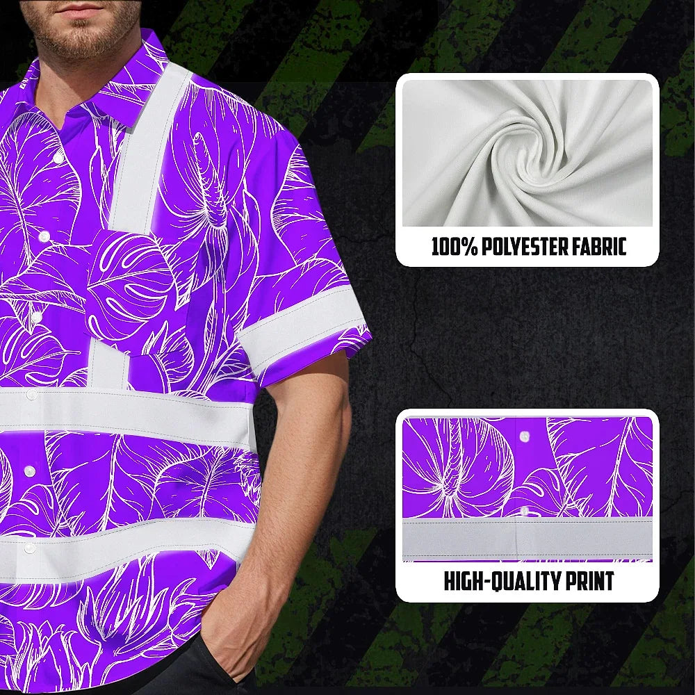 Hi Vis Hawaiian Shirt Reflective Tapes Violet Neon Flowers Custom Name Safety Workwear For Workers, Truckers, Operators