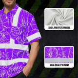 Hi Vis Hawaiian Shirt Reflective Tapes Violet Neon Flowers Custom Name Safety Workwear For Workers, Truckers, Operators