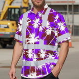 Hi Vis Hawaiian Shirt Reflective Tapes Violet Neon Flowers Custom Name Safety Workwear For Workers, Truckers, Operators