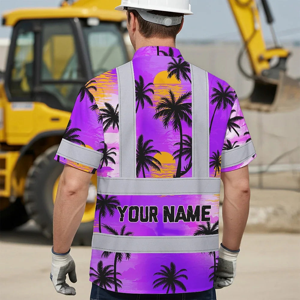 Hi Vis Hawaiian Shirt Reflective Tapes Violet Neon Flowers Custom Name Safety Workwear For Truckers, Operators