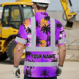 Hi Vis Hawaiian Shirt Reflective Tapes Violet Neon Flowers Custom Name Safety Workwear For Truckers, Operators