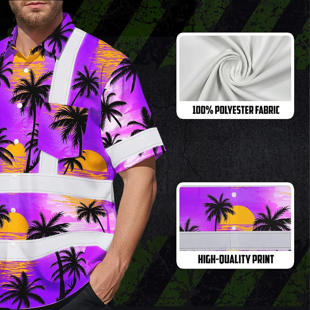 Hi Vis Hawaiian Shirt Reflective Tapes Violet Neon Flowers Custom Name Safety Workwear For Truckers, Operators
