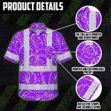 Hi Vis Hawaiian Shirt Reflective Tapes Violet Neon Flowers Custom Name Safety Workwear For Workers, Truckers, Operators