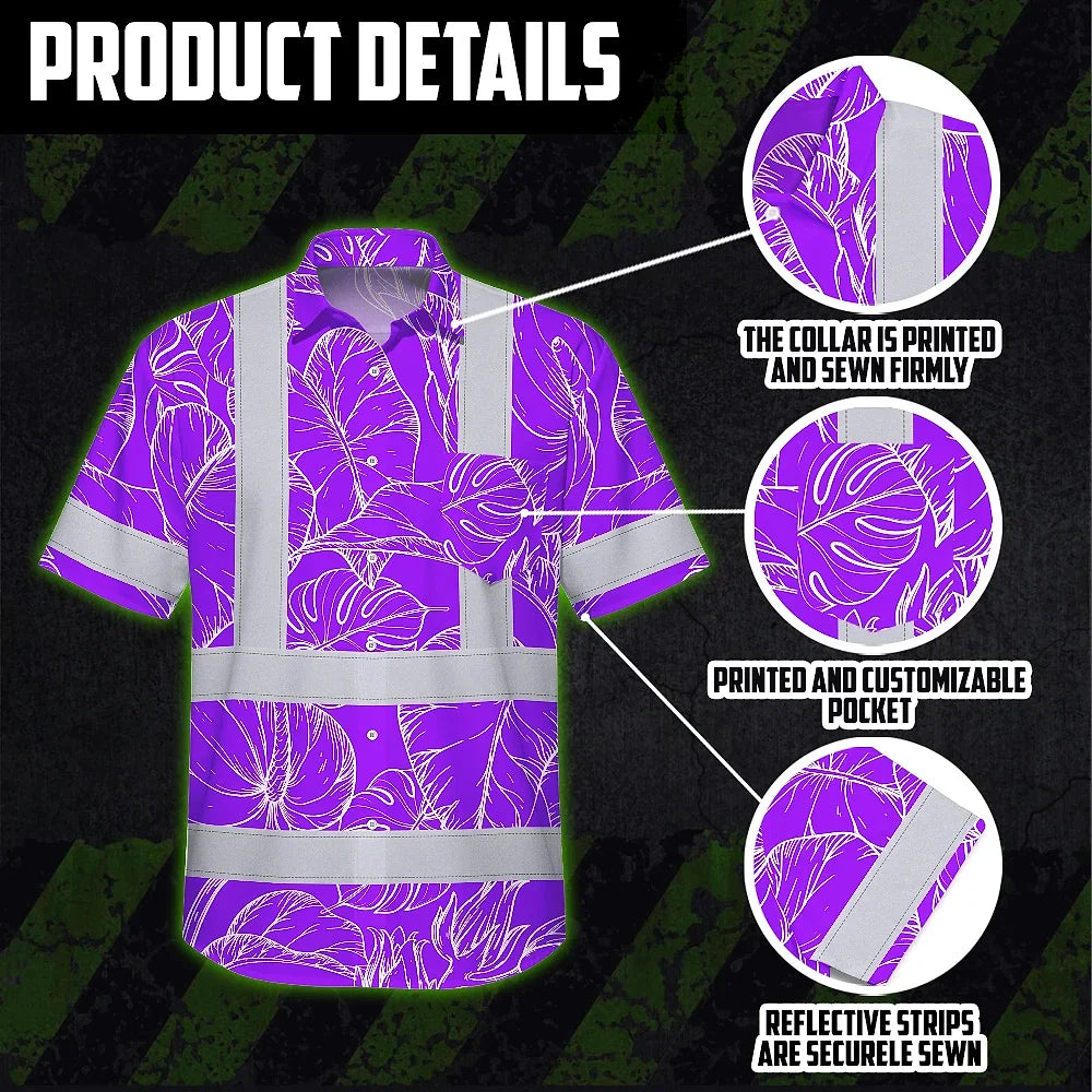 Hi Vis Hawaiian Shirt Reflective Tapes Violet Neon Flowers Custom Name Safety Workwear For Workers, Truckers, Operators