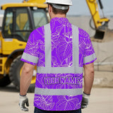 Hi Vis Hawaiian Shirt Reflective Tapes Violet Neon Flowers Custom Name Safety Workwear For Workers, Truckers, Operators