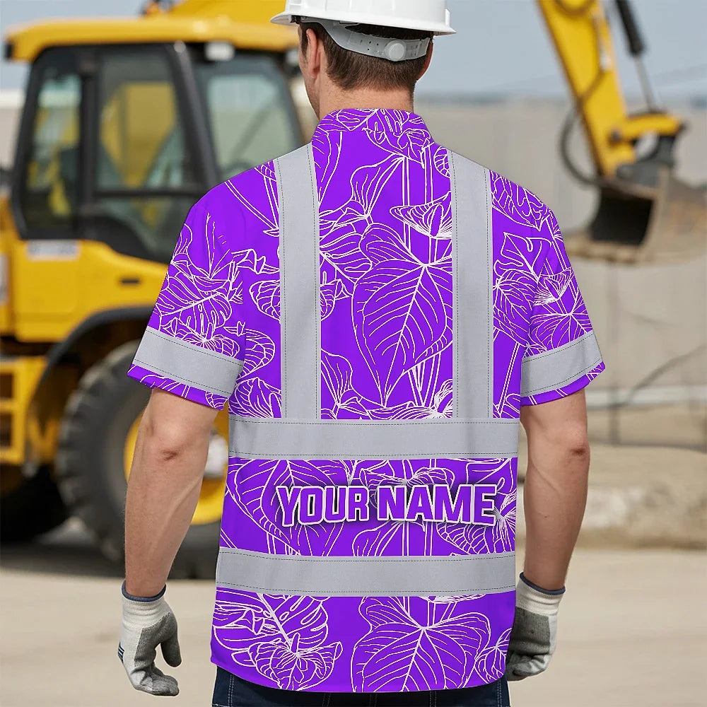 Hi Vis Hawaiian Shirt Reflective Tapes Violet Neon Flowers Custom Name Safety Workwear For Workers, Truckers, Operators