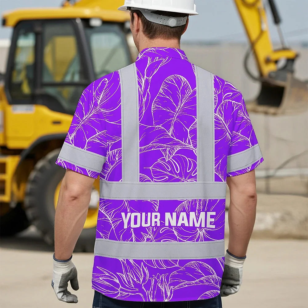 Hi Vis Hawaiian Shirt Reflective Tapes Violet Neon Flowers Custom Name Safety Workwear For Workers, Truckers, Operators