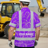 Hi Vis Hawaiian Shirt Reflective Tapes Violet Neon Flowers Custom Name Safety Workwear For Workers, Truckers, Operators