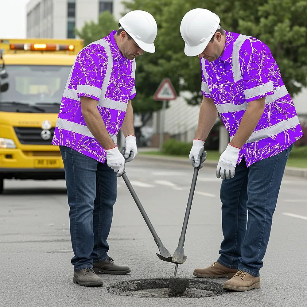 Hi Vis Hawaiian Shirt Reflective Tapes Violet Neon Flowers Custom Name Safety Workwear For Workers, Truckers, Operators