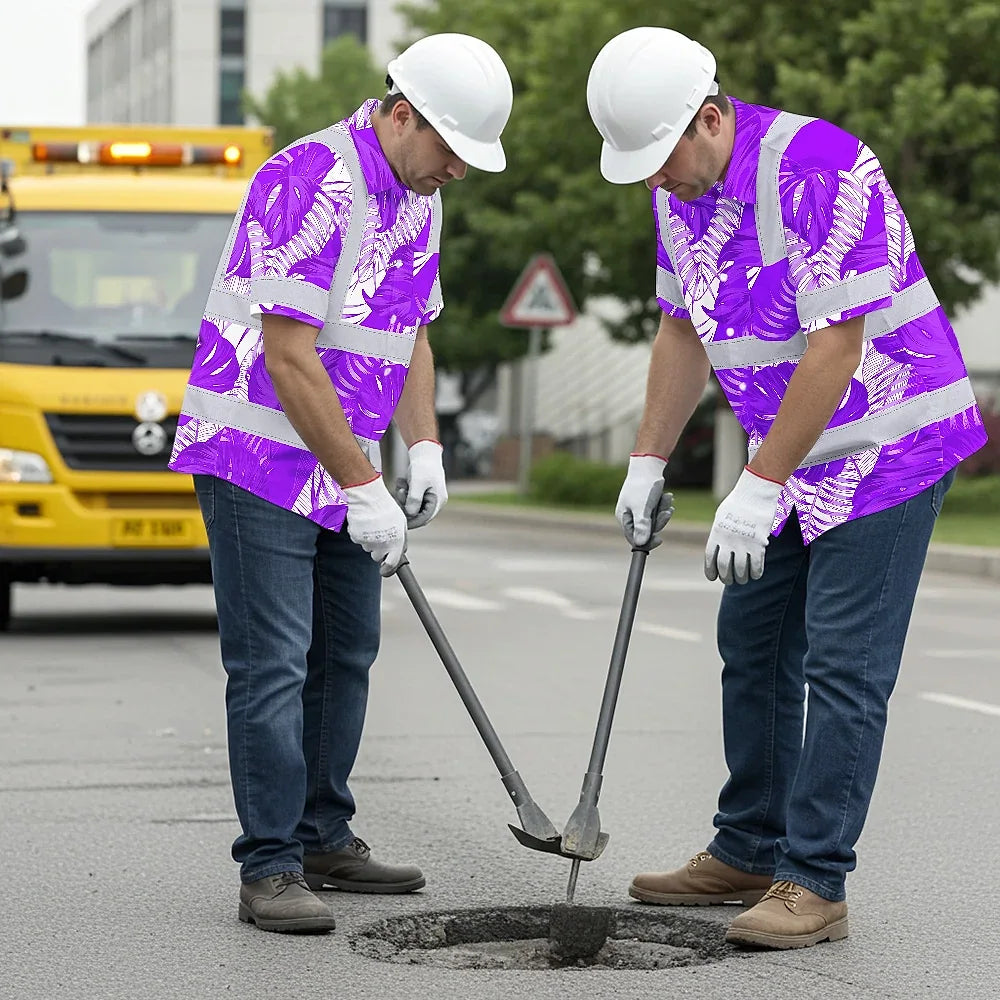 Hi Vis Hawaiian Shirt Reflective Tapes Violet Neon Flowers Custom Name Safety Workwear For Workers, Truckers, Operators