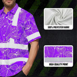 Hi Vis Hawaiian Shirt Reflective Tapes Violet Neon Flowers Custom Name Safety Workwear For Workers, Truckers, Operators