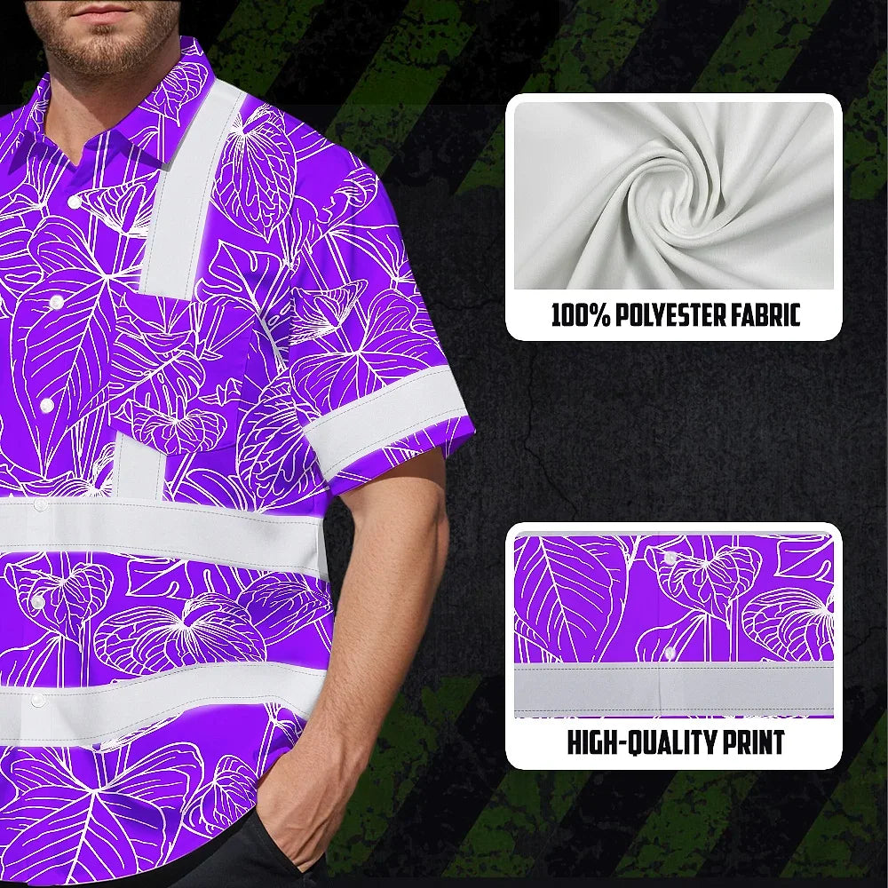 Hi Vis Hawaiian Shirt Reflective Tapes Violet Neon Flowers Custom Name Safety Workwear For Workers, Truckers, Operators