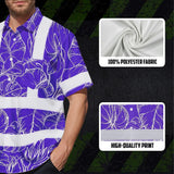 Hi Vis Hawaiian Shirt Reflective Tapes Violet Neon Flowers Custom Name Safety Workwear For Workers, Truckers, Operators