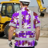 Hi Vis Hawaiian Shirt Reflective Tapes Violet Neon Flowers Custom Name Safety Workwear For Workers, Truckers, Operators