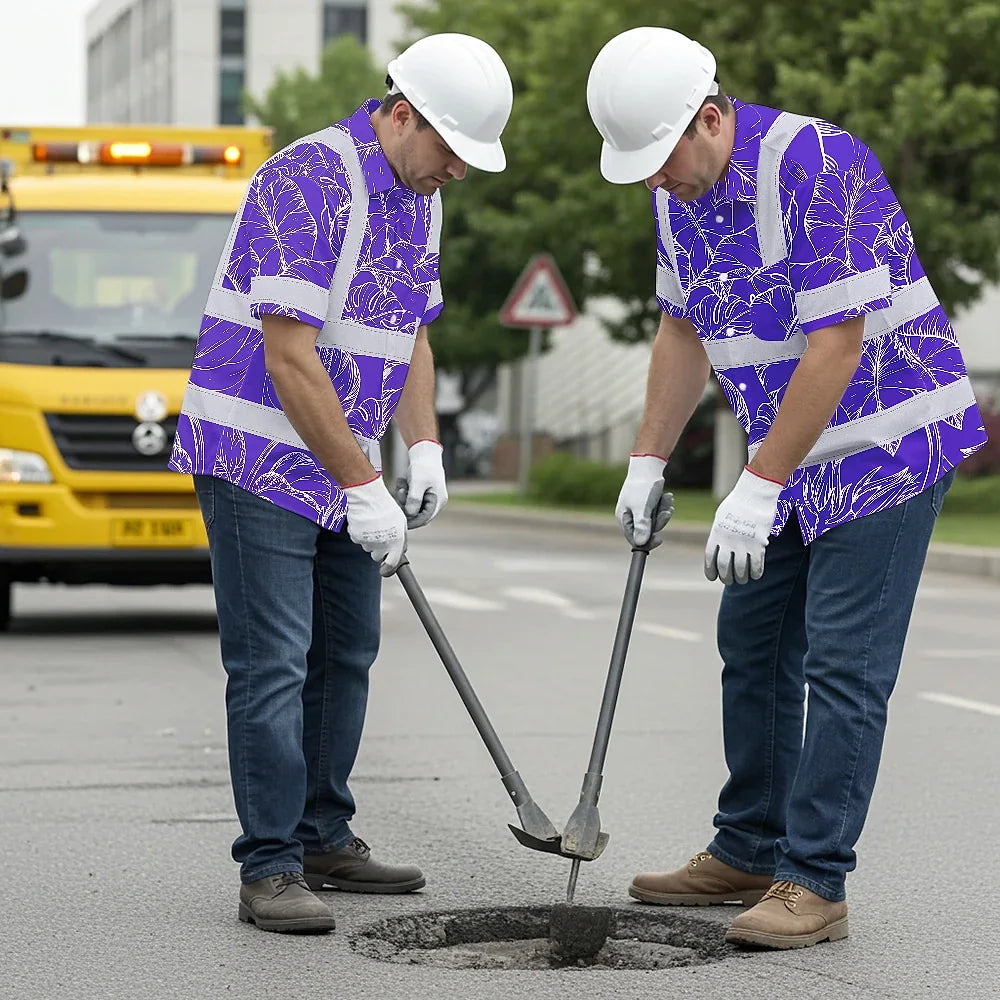 Hi Vis Hawaiian Shirt Reflective Tapes Violet Neon Flowers Custom Name Safety Workwear For Workers, Truckers, Operators