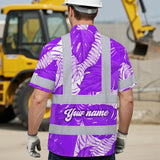 Hi Vis Hawaiian Shirt Reflective Tapes Violet Neon Flowers Custom Name Safety Workwear For Workers, Truckers, Operators