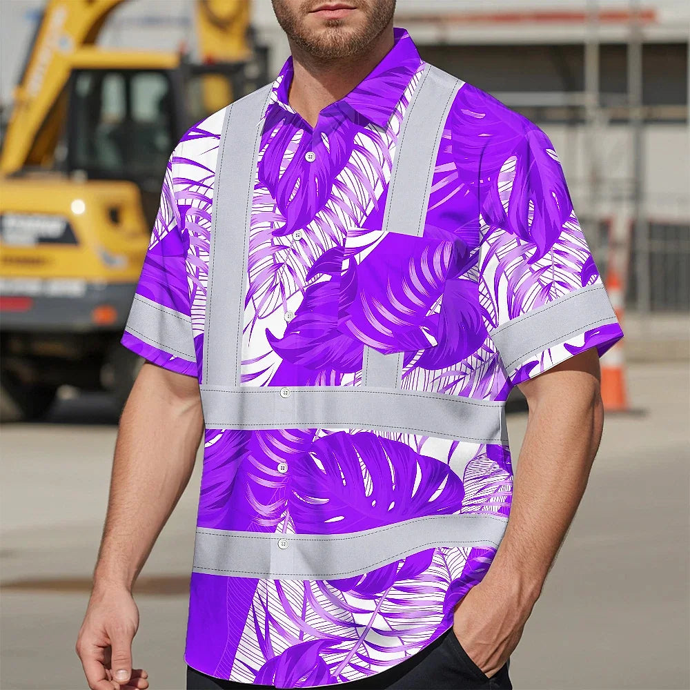 Hi Vis Hawaiian Shirt Reflective Tapes Violet Neon Flowers Custom Name Safety Workwear For Workers, Truckers, Operators