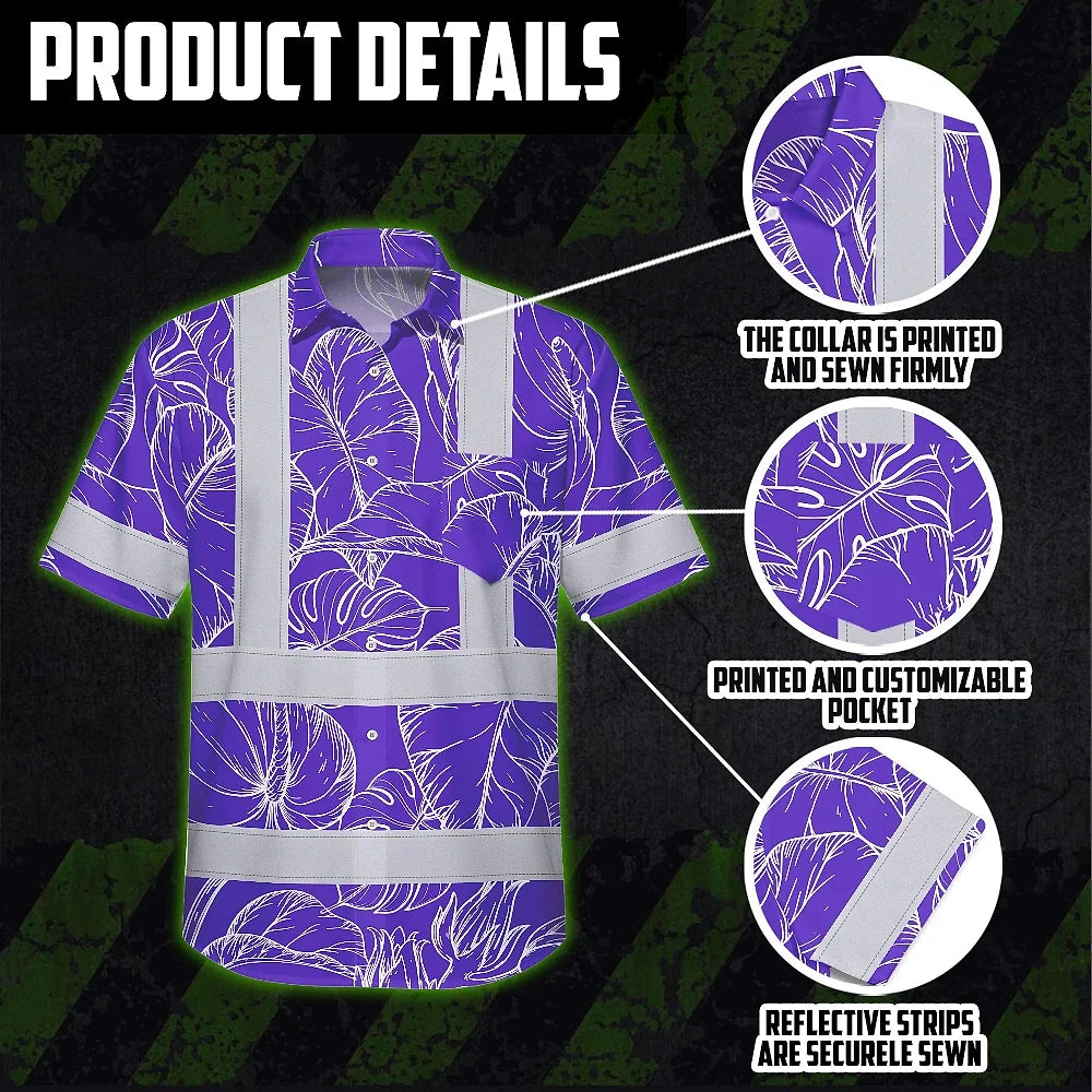 Hi Vis Hawaiian Shirt Reflective Tapes Violet Neon Flowers Custom Name Safety Workwear For Workers, Truckers, Operators