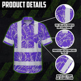 Hi Vis Hawaiian Shirt Reflective Tapes Violet Neon Flowers Custom Name Safety Workwear For Workers, Truckers, Operators