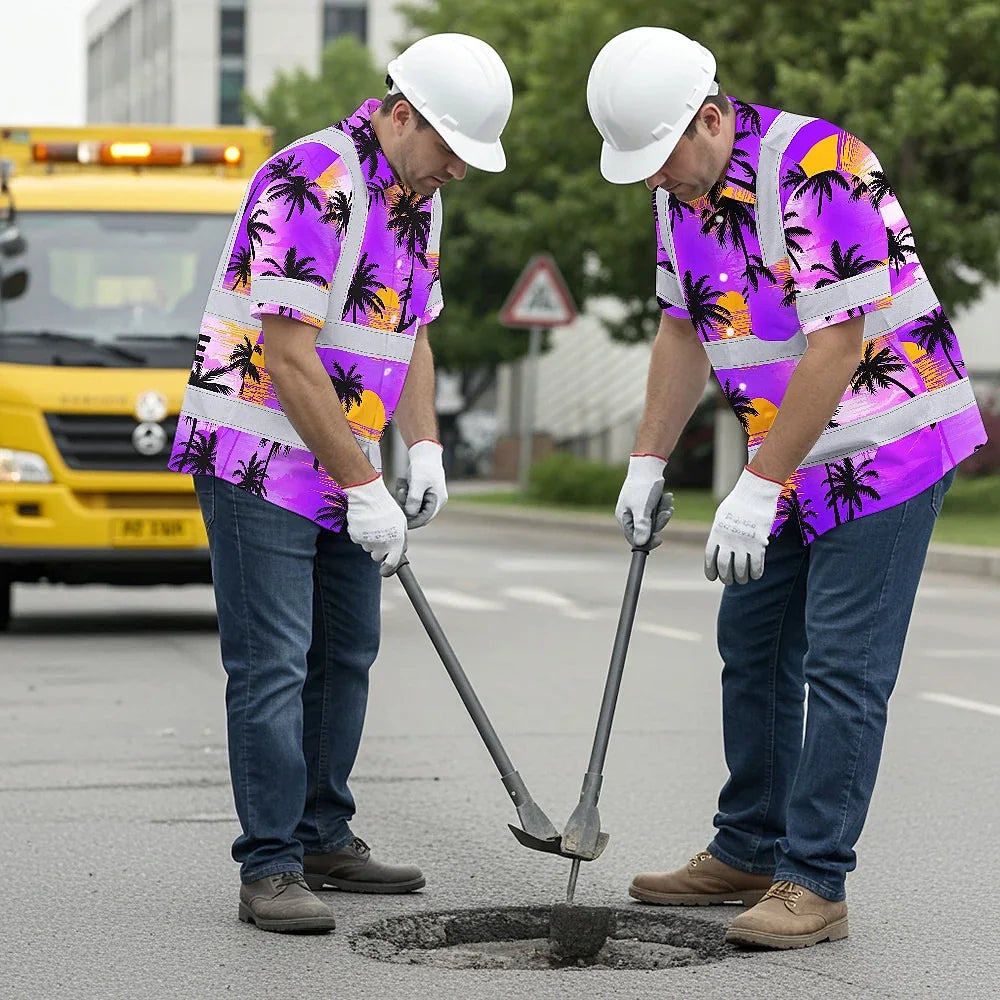 Hi Vis Hawaiian Shirt Reflective Tapes Violet Neon Flowers Custom Name Safety Workwear For Truckers, Operators