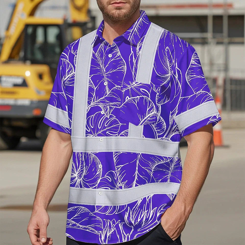 Hi Vis Hawaiian Shirt Reflective Tapes Violet Neon Flowers Custom Name Safety Workwear For Workers, Truckers, Operators