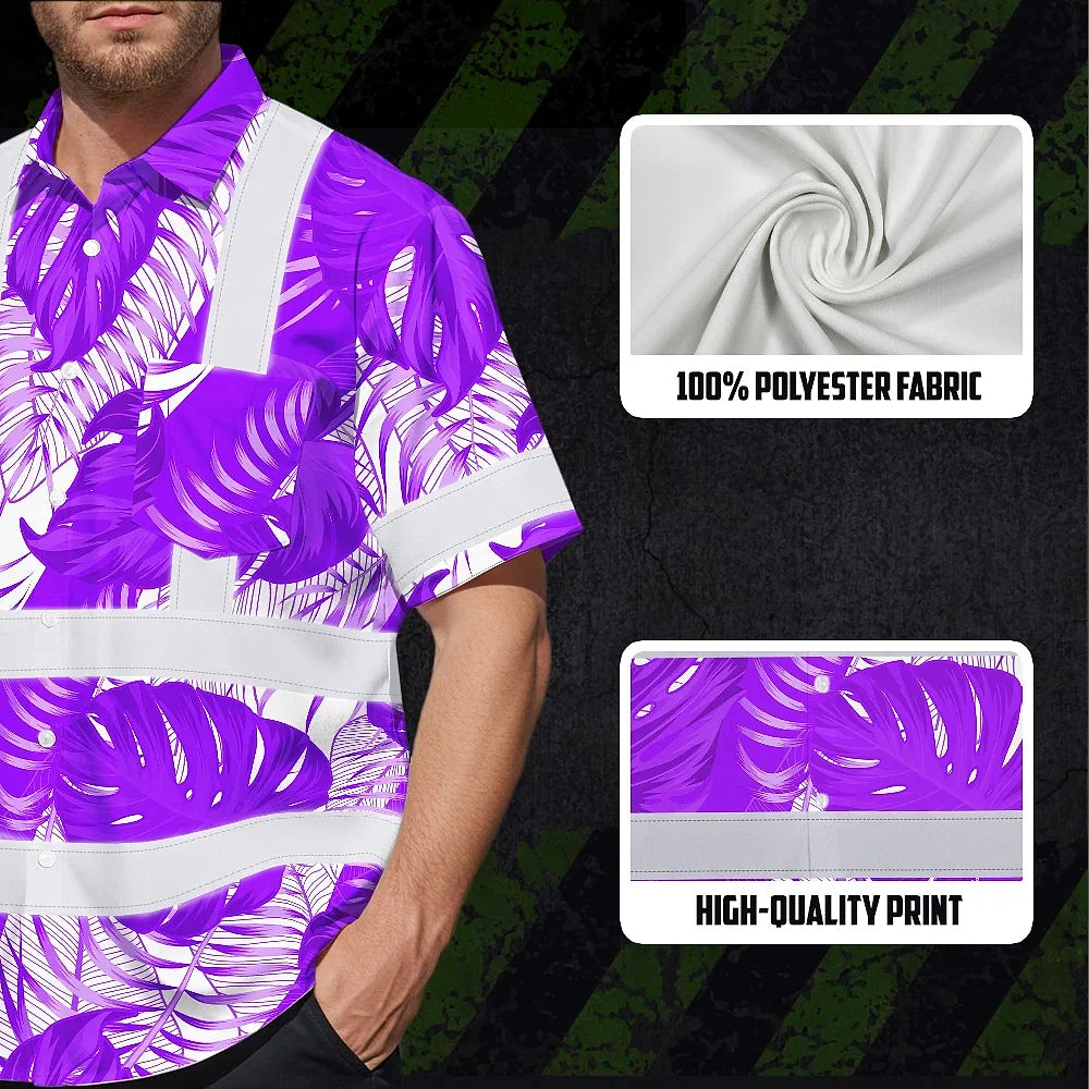 Hi Vis Hawaiian Shirt Reflective Tapes Violet Neon Flowers Custom Name Safety Workwear For Workers, Truckers, Operators