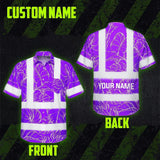 Hi Vis Hawaiian Shirt Reflective Tapes Violet Neon Flowers Custom Name Safety Workwear For Workers, Truckers, Operators