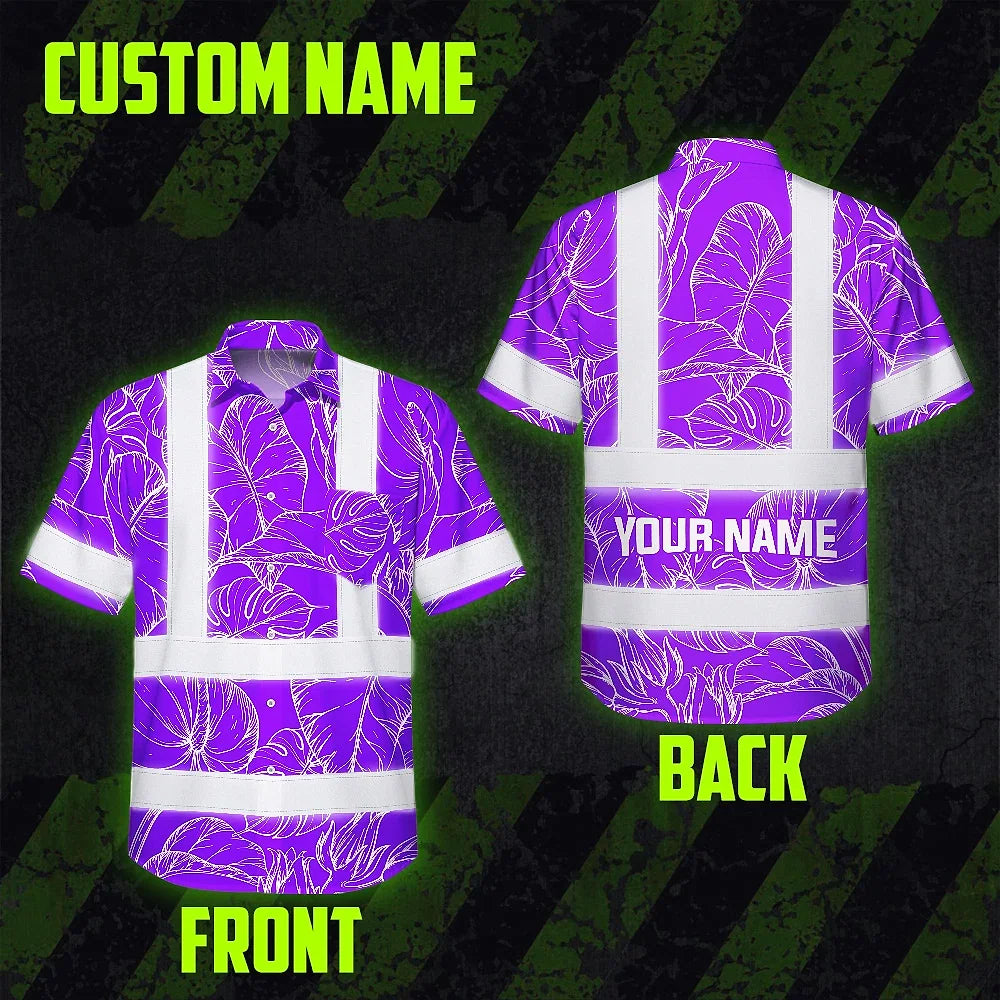 Hi Vis Hawaiian Shirt Reflective Tapes Violet Neon Flowers Custom Name Safety Workwear For Workers, Truckers, Operators