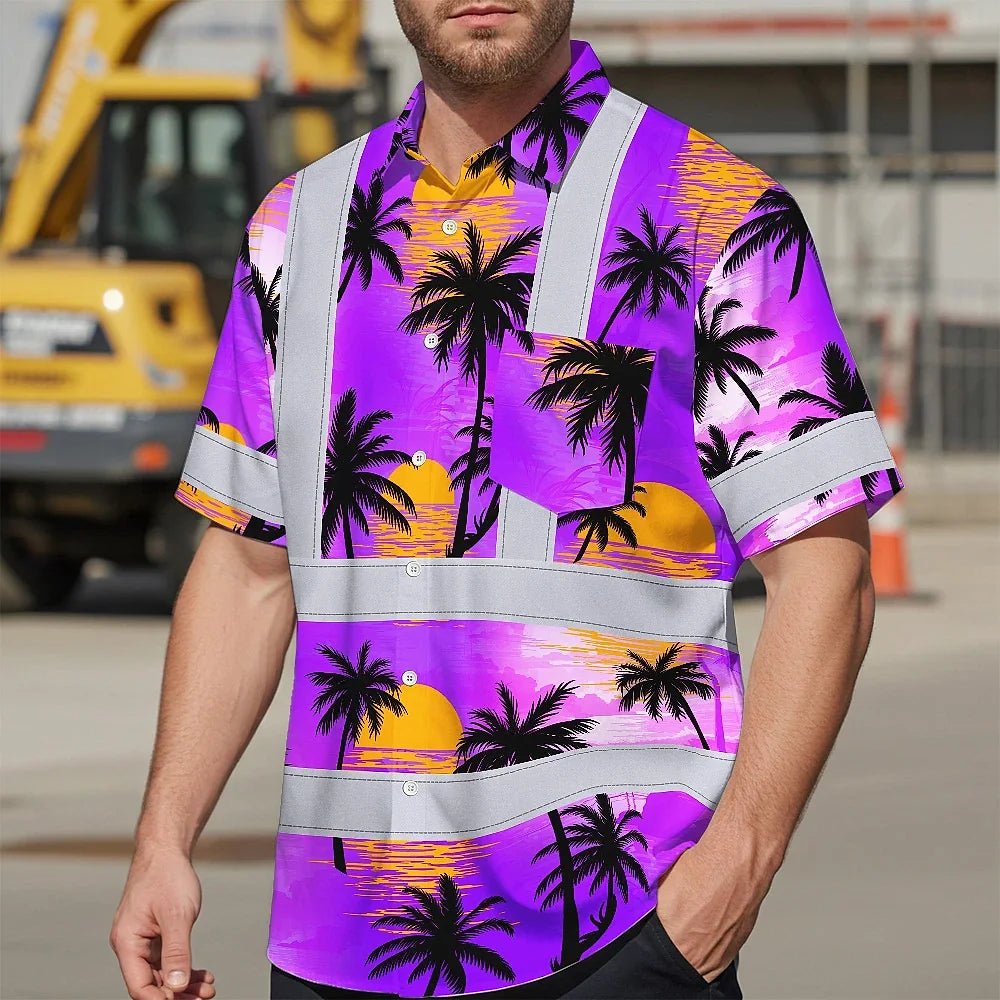 Hi Vis Hawaiian Shirt Reflective Tapes Violet Neon Flowers Custom Name Safety Workwear For Truckers, Operators