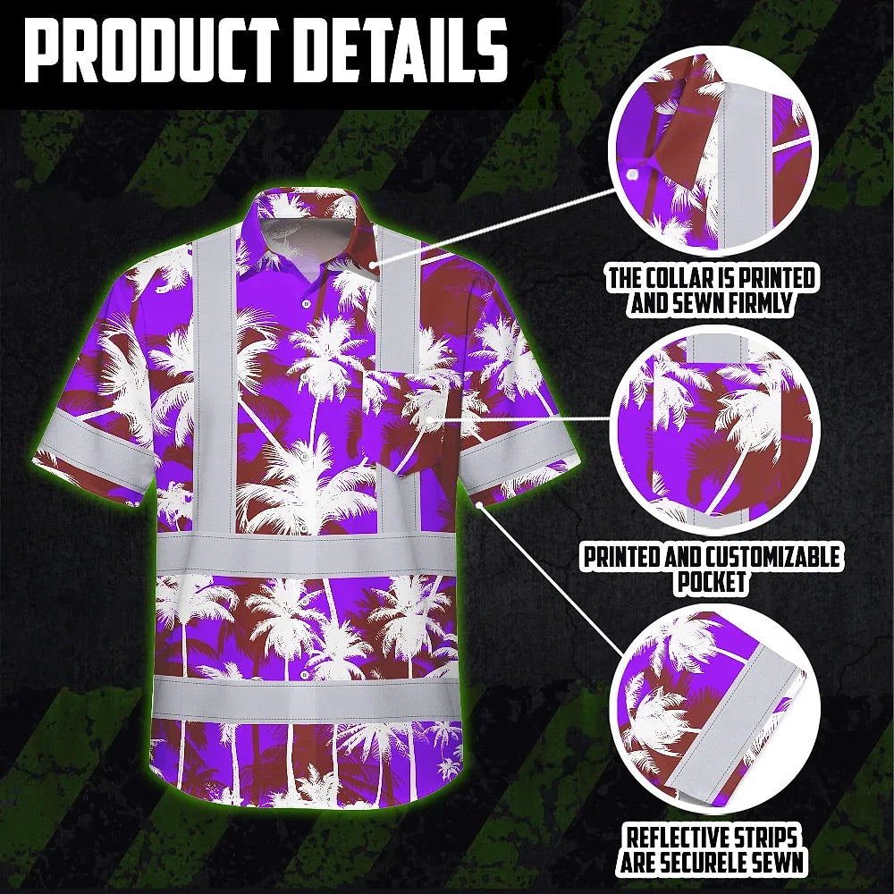 Hi Vis Hawaiian Shirt Reflective Tapes Violet Neon Flowers Custom Name Safety Workwear For Workers, Truckers, Operators
