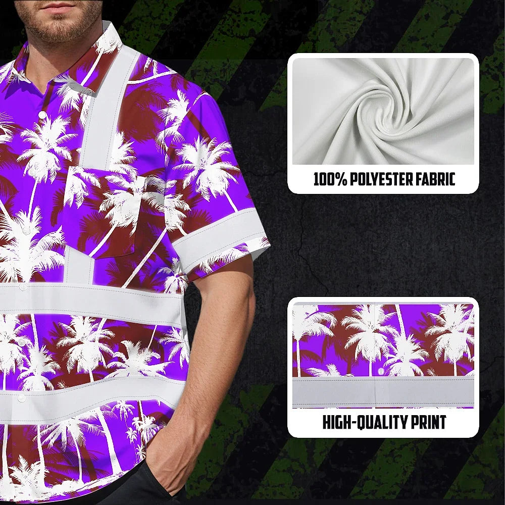 Hi Vis Hawaiian Shirt Reflective Tapes Violet Neon Flowers Custom Name Safety Workwear For Workers, Truckers, Operators