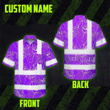 Hi Vis Hawaiian Shirt Reflective Tapes Violet Neon Flowers Custom Name Safety Workwear For Workers, Truckers, Operators