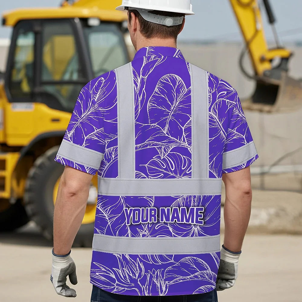 Hi Vis Hawaiian Shirt Reflective Tapes Violet Neon Flowers Custom Name Safety Workwear For Workers, Truckers, Operators