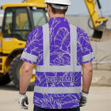 Hi Vis Hawaiian Shirt Reflective Tapes Violet Neon Flowers Custom Name Safety Workwear For Workers, Truckers, Operators