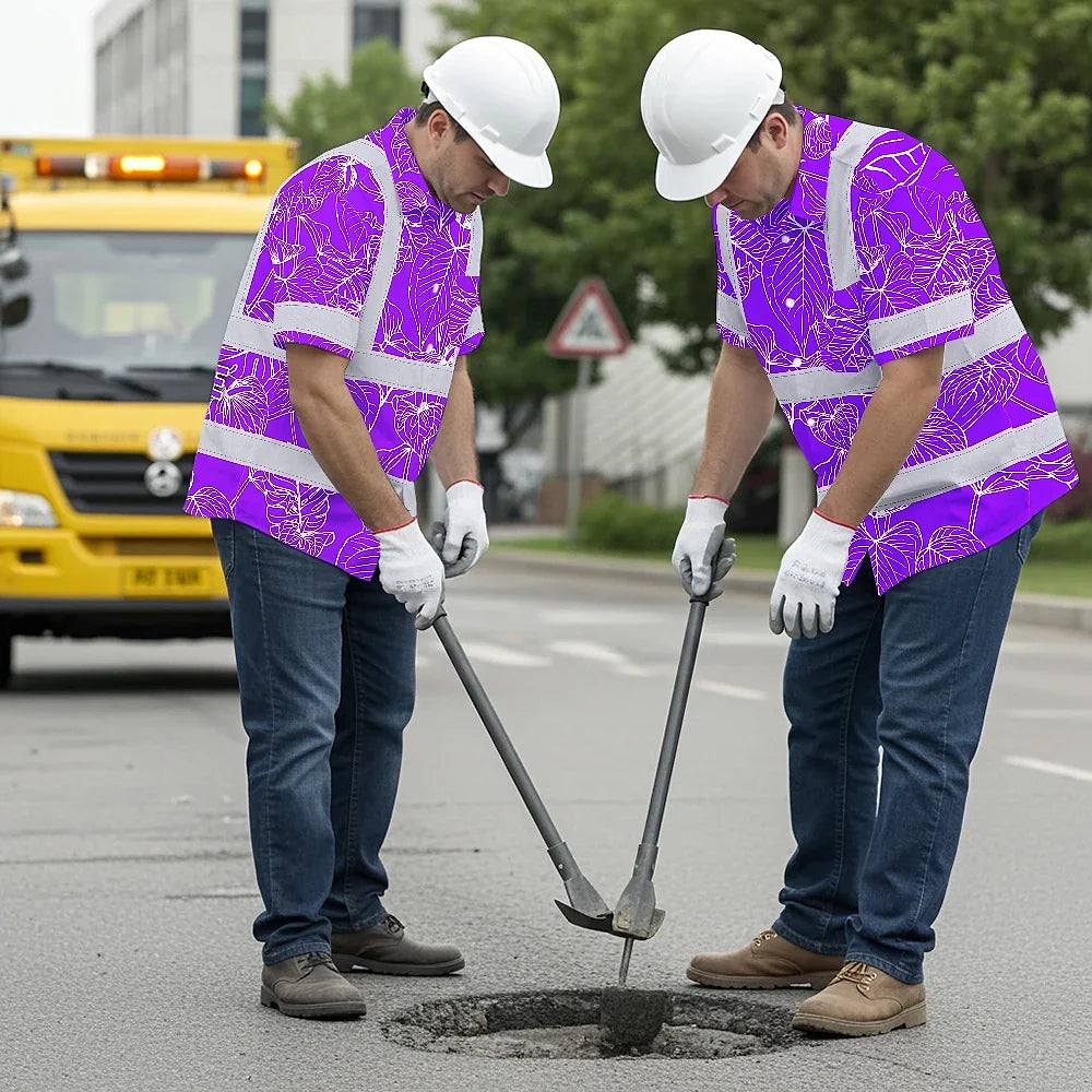 Hi Vis Hawaiian Shirt Reflective Tapes Violet Neon Flowers Custom Name Safety Workwear For Workers, Truckers, Operators