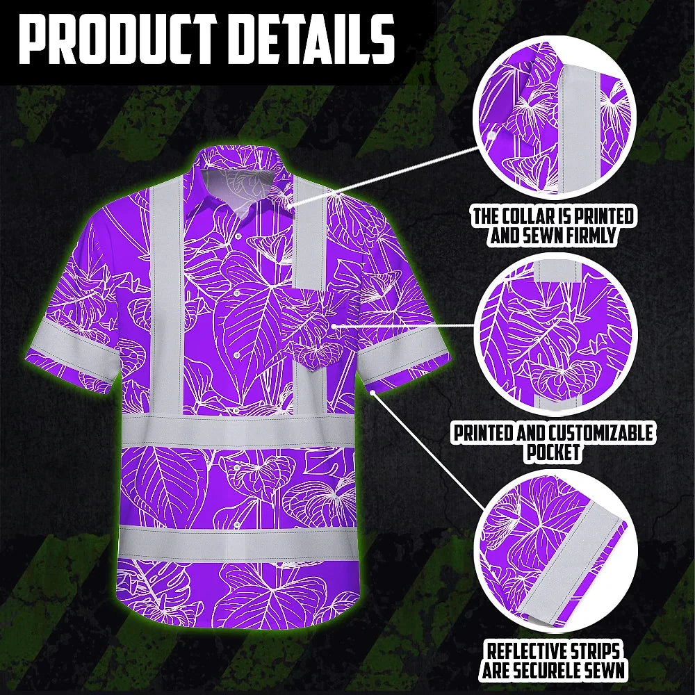 Hi Vis Hawaiian Shirt Reflective Tapes Violet Neon Flowers Custom Name Safety Workwear For Workers, Truckers, Operators
