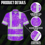 Hi Vis Hawaiian Shirt Reflective Tapes Violet Neon Flowers Custom Name Safety Workwear For Workers, Truckers, Operators