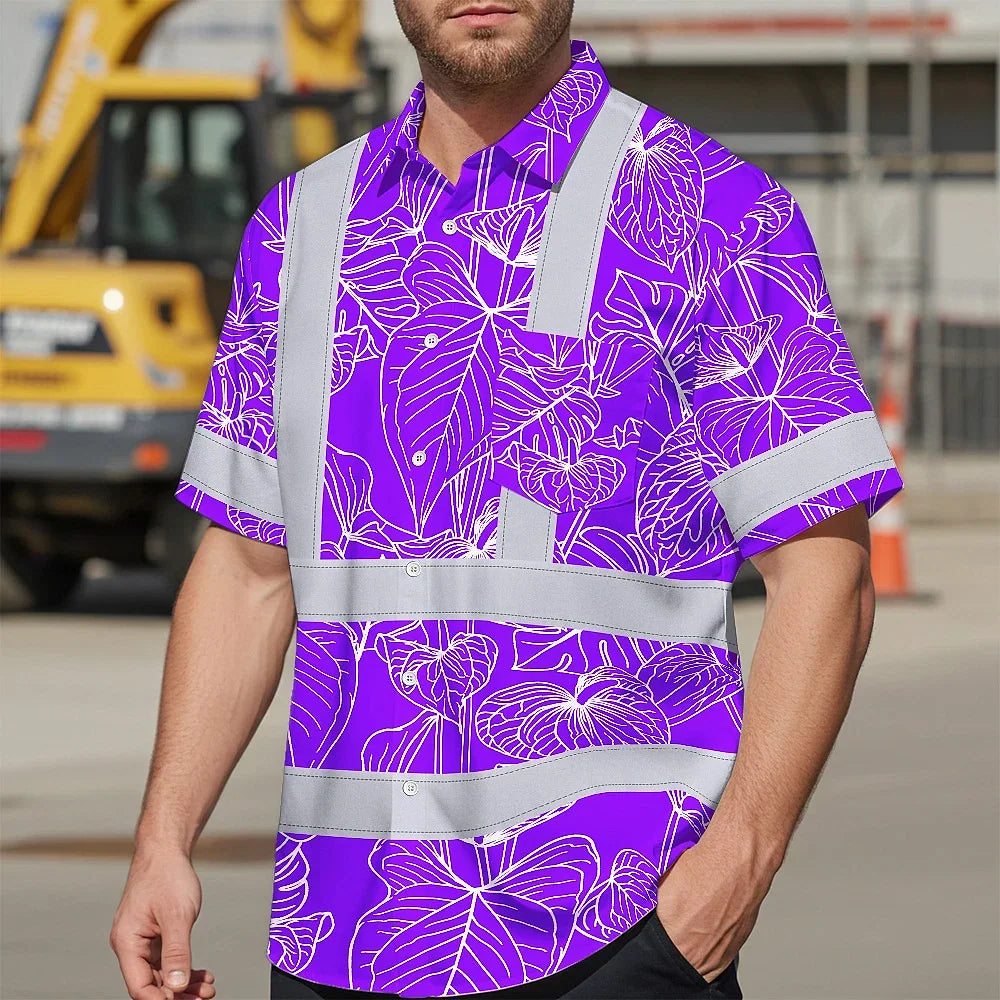 Hi Vis Hawaiian Shirt Reflective Tapes Violet Neon Flowers Custom Name Safety Workwear For Workers, Truckers, Operators