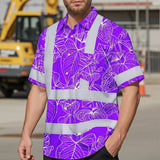 Hi Vis Hawaiian Shirt Reflective Tapes Violet Neon Flowers Custom Name Safety Workwear For Workers, Truckers, Operators