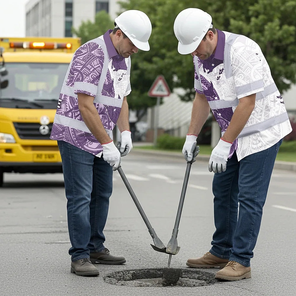 Hi Vis Hawaiian Shirt Reflective Tapes Violet Neon Flowers Ray Custom Name Safety Workwear For Workers, Truckers, Operators, Company