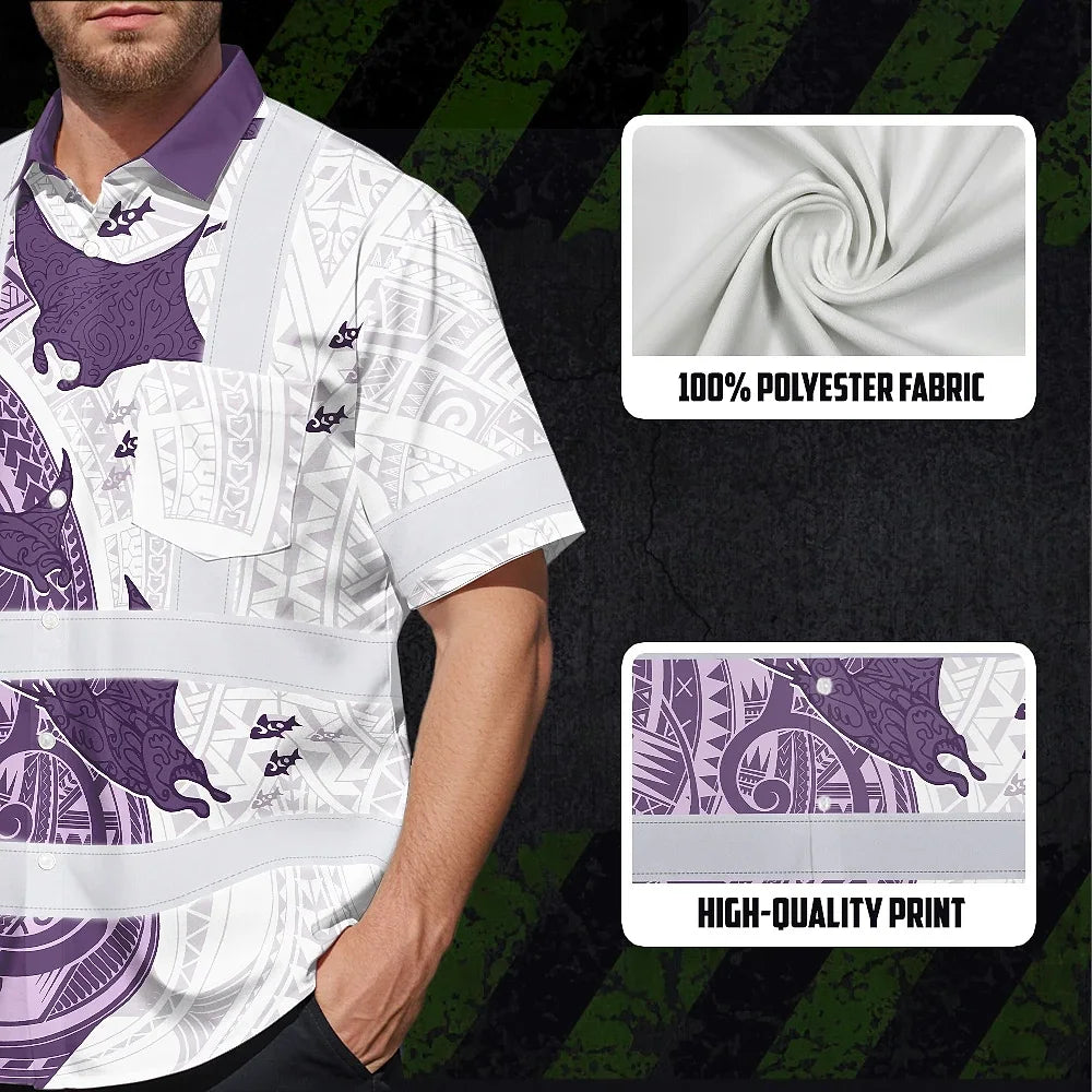 Hi Vis Hawaiian Shirt Reflective Tapes Violet Neon Flowers Ray Custom Name Safety Workwear For Workers, Truckers, Operators, Company