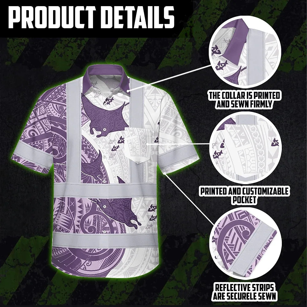 Hi Vis Hawaiian Shirt Reflective Tapes Violet Neon Flowers Ray Custom Name Safety Workwear For Workers, Truckers, Operators, Company